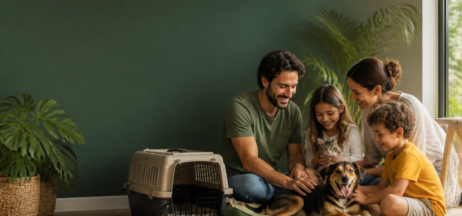 Família acolhendo cães e gatos em uma adoção responsável