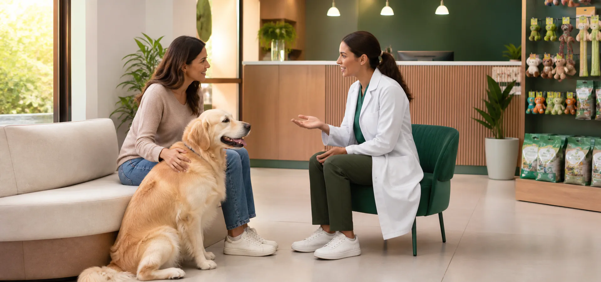 Tutora conversando com profissional sobre cuidados de saúde para seu pet