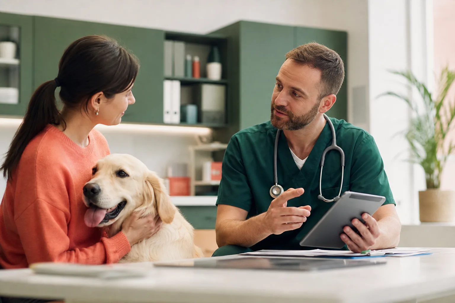 Equipe de clínica veterinária organizando o atendimento