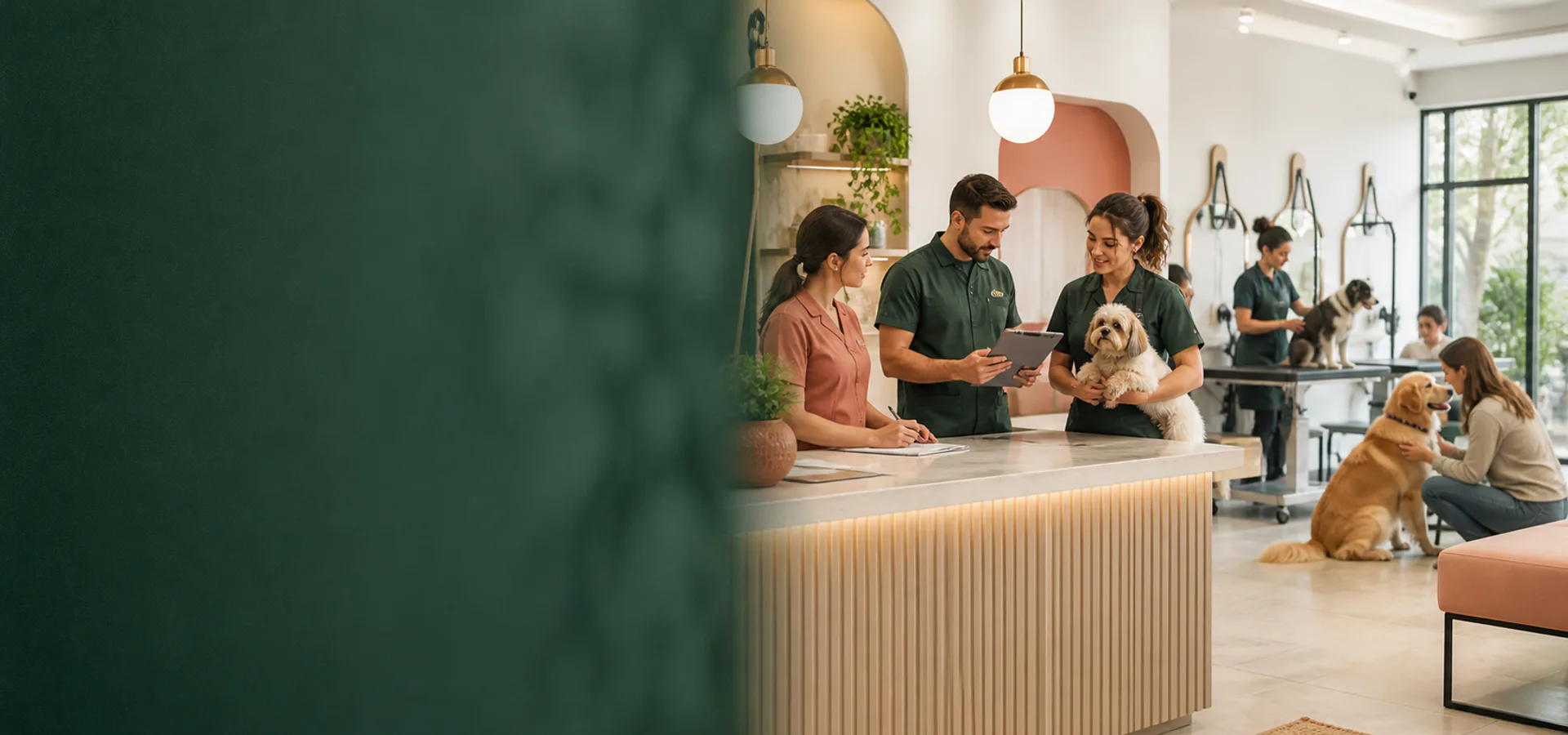 Equipe de banho e tosa organizada para um dia de pico