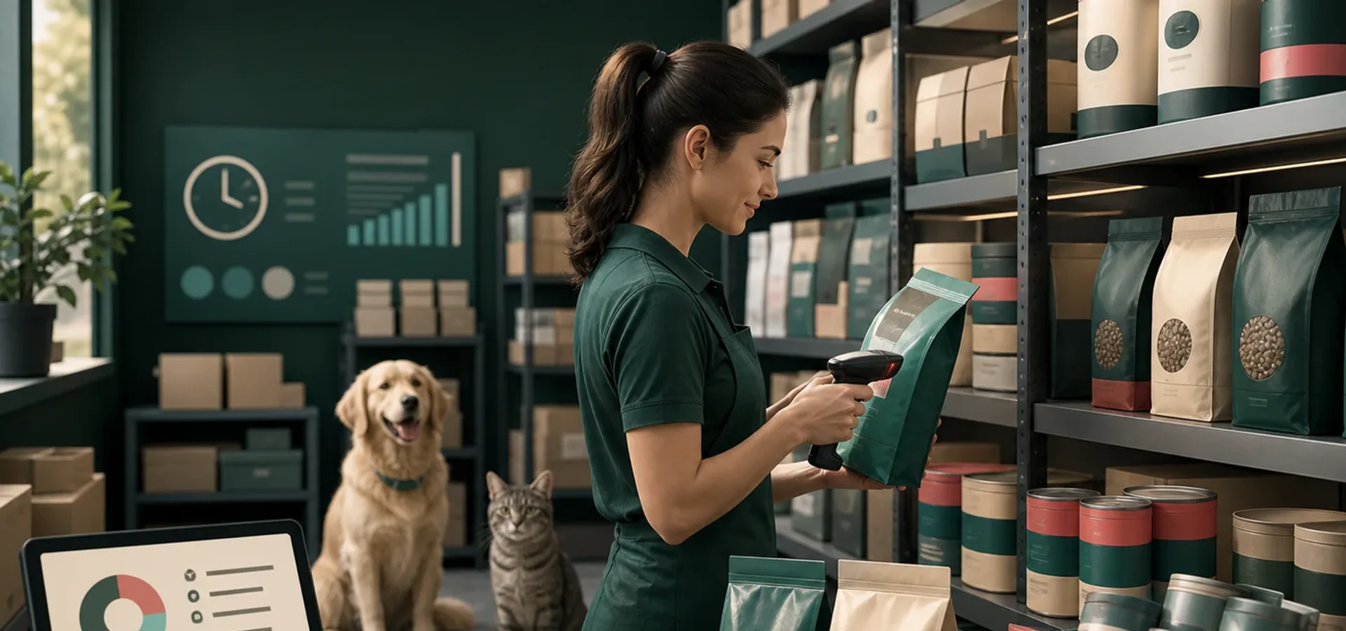 Profissional conferindo estoque e produtos de uma empresa pet