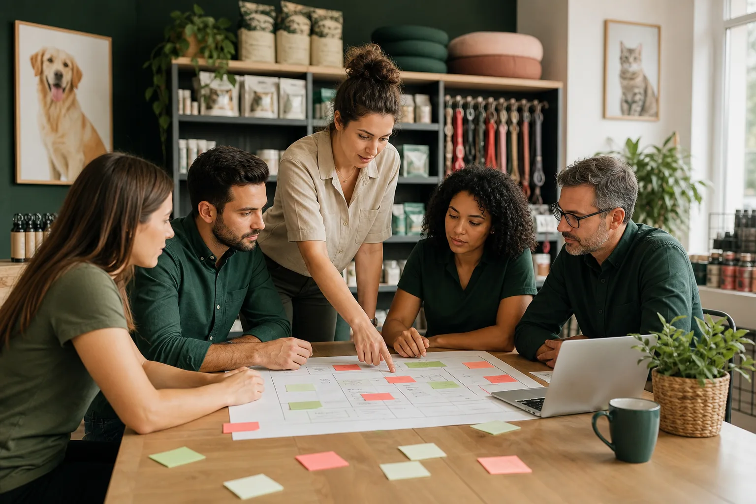 Equipe planejando a implantação de um sistema de gestão pet
