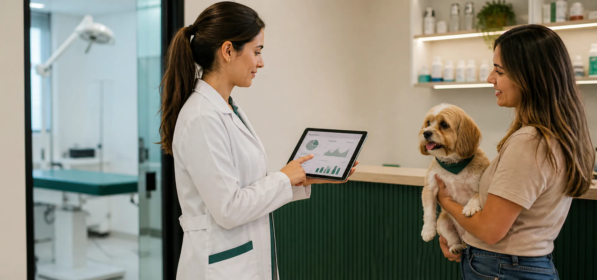 Veterinária analisando indicadores de uma clínica integrada a um pet shop