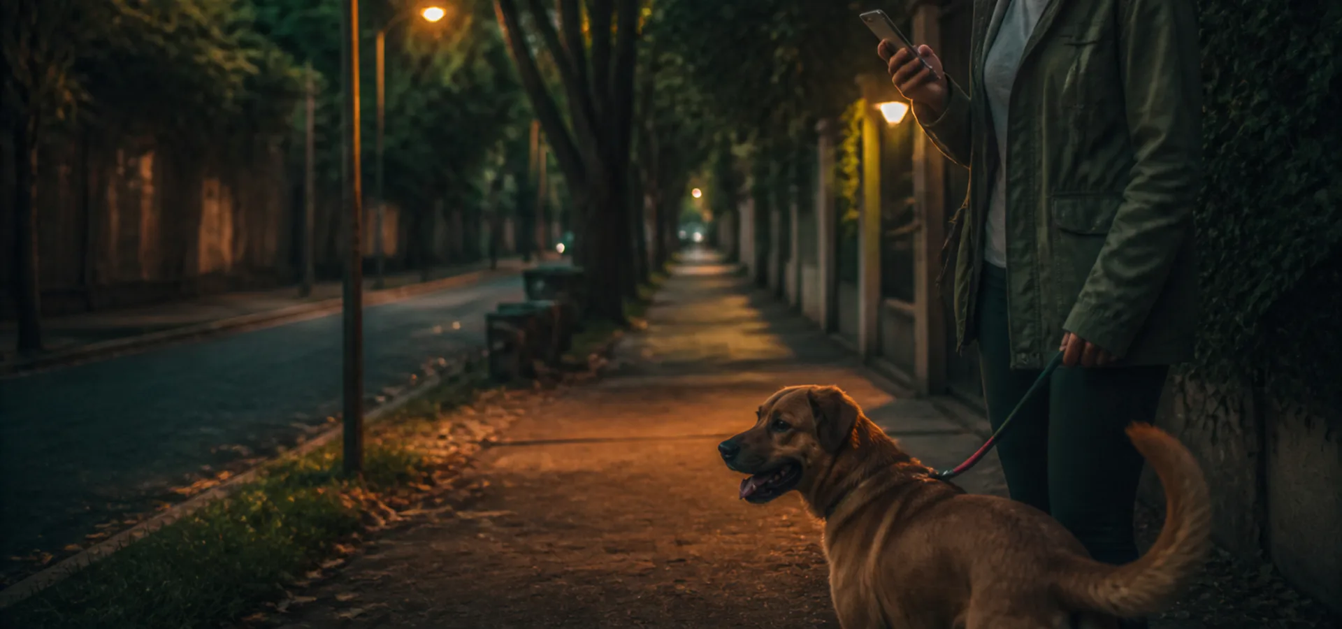 Tutora procurando seu cachorro em uma rua residencial ao entardecer