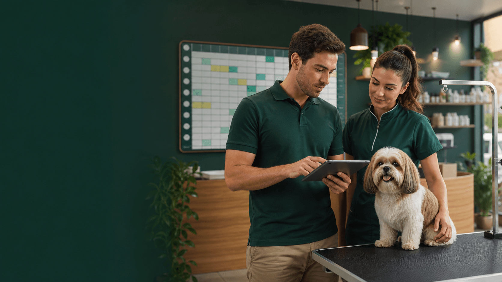 Equipe de pet shop planejando capacidade com agenda visual e tablet