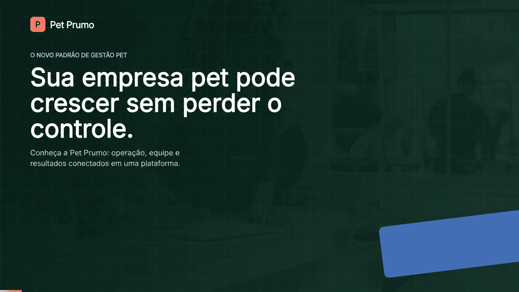 Visão da plataforma Pet Prumo com indicadores operacionais