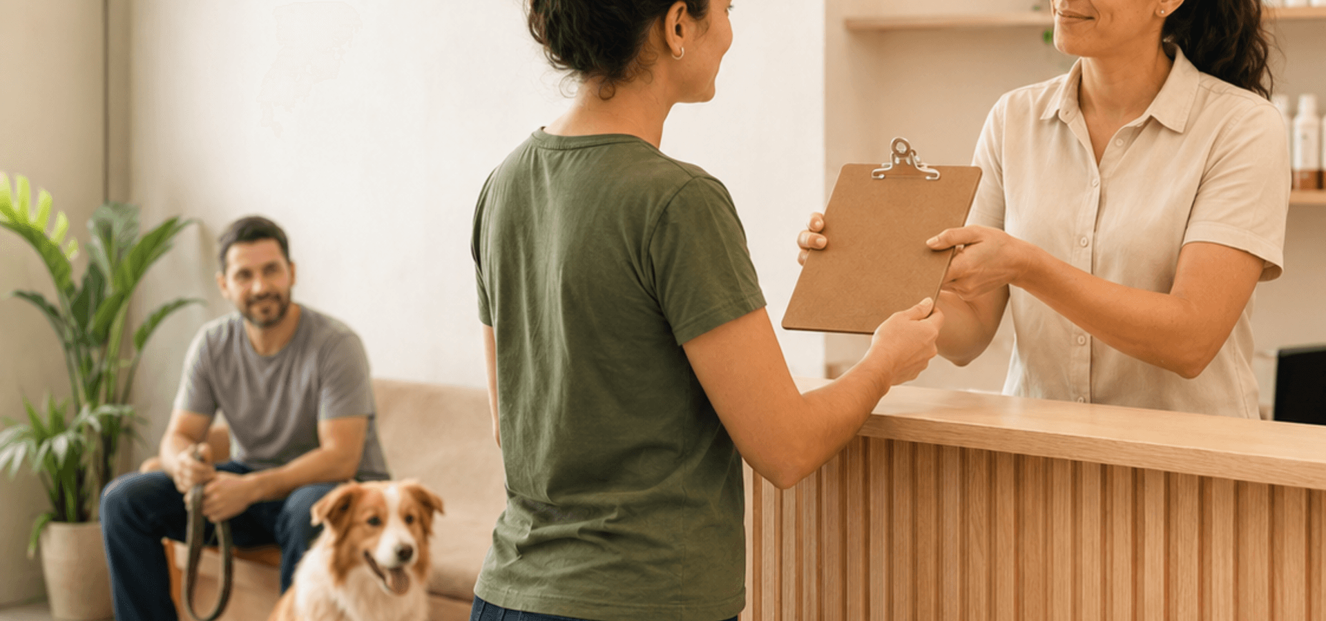 Equipe de pet shop planejando cobertura de funções com cachorro ao lado no balcão de recepção.