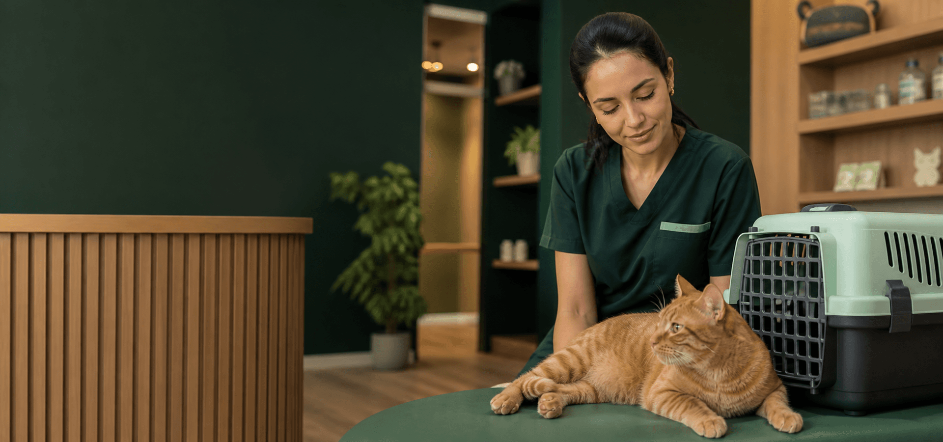 Profissional em atendimento calmo com gato em ambiente pet organizado.