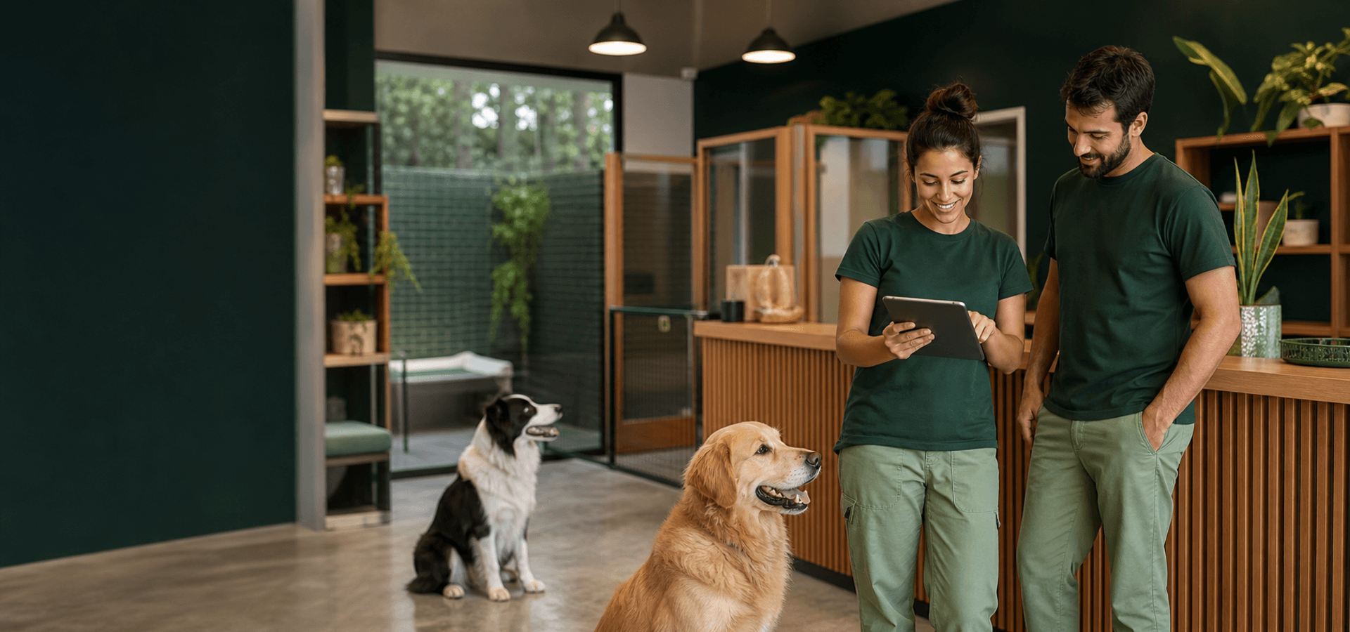 Equipe de hotel pet organizando a operação com dois cães em ambiente moderno.