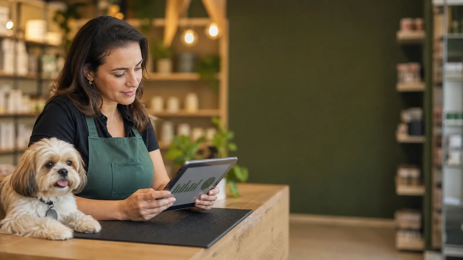 Gestora acompanhando metas e indicadores de uma empresa pet