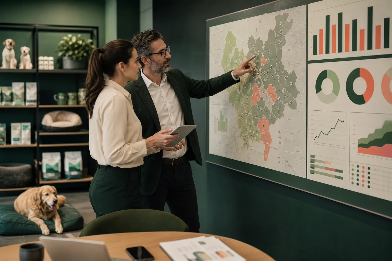 Gestores analisando desempenho de várias unidades pet