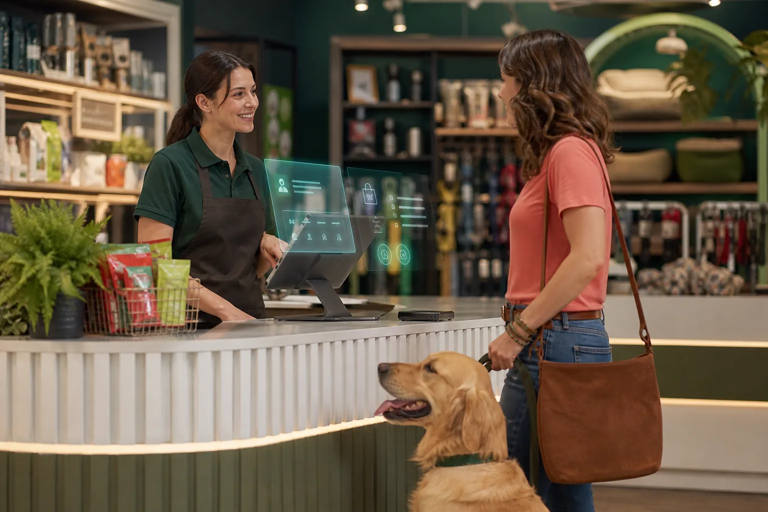 Operadora realizando venda em uma empresa pet