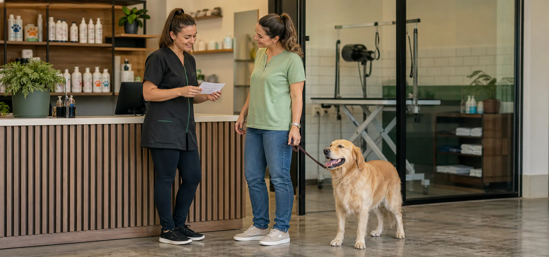 Profissional acompanhando o pós-atendimento de um pet shop