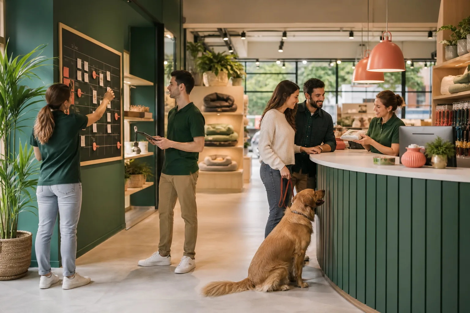 Equipe de pet shop trabalhando com processos organizados