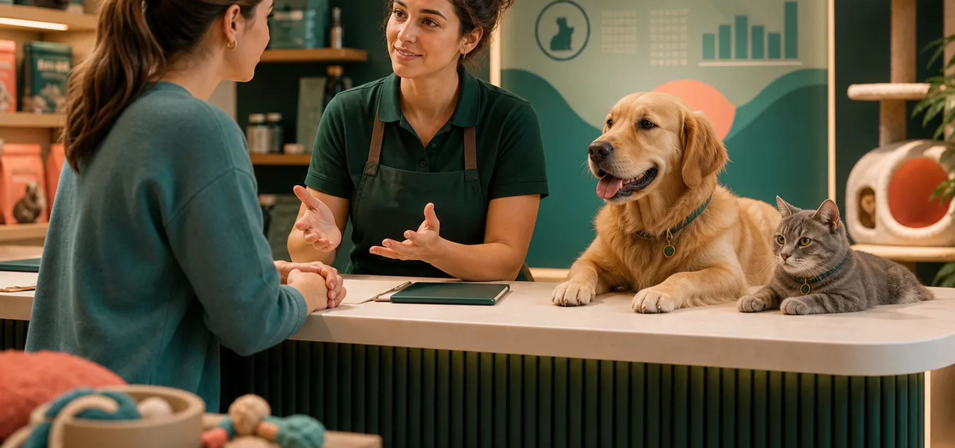 Profissional atendendo uma solicitação de troca de produto em uma empresa pet