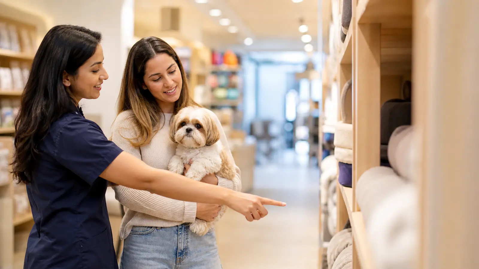 Profissional orientando uma tutora sobre produtos e cuidados para o pet