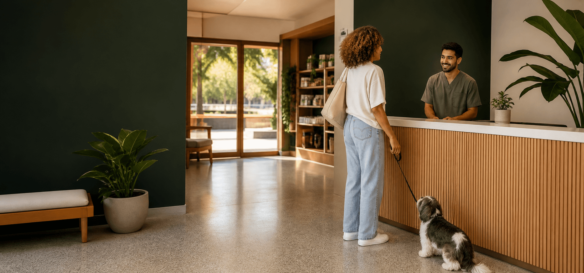 Recepção de pet shop com circulação ampla, tutora e cachorro em ambiente acolhedor.