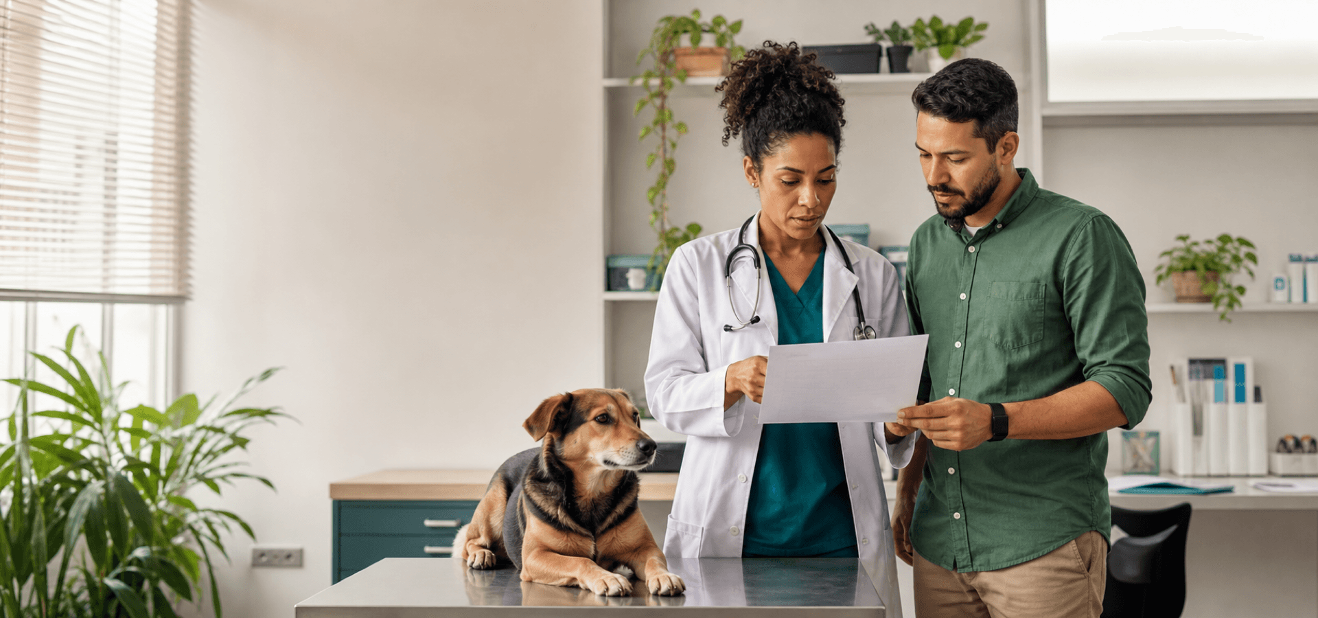 Veterinária e gestor revisam um registro enquanto um cão permanece seguro em clínica organizada