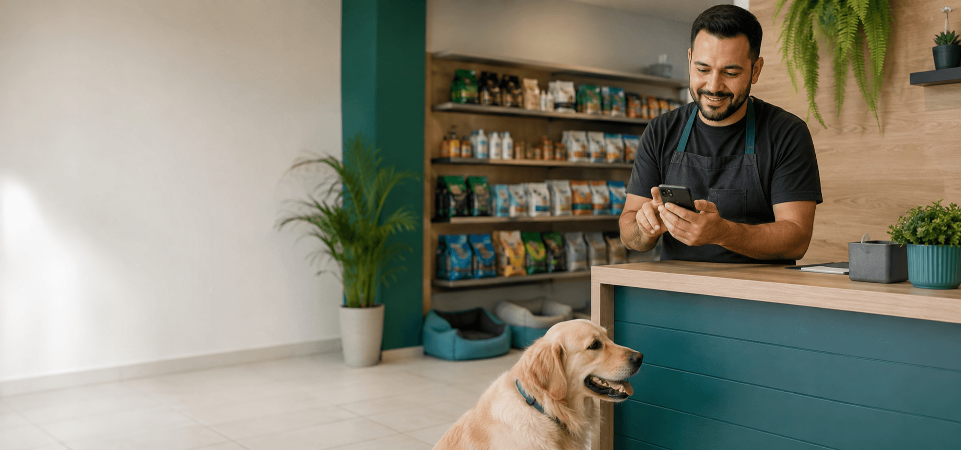 Gestor de pet shop usa celular no balcão enquanto um cão aguarda em ambiente organizado