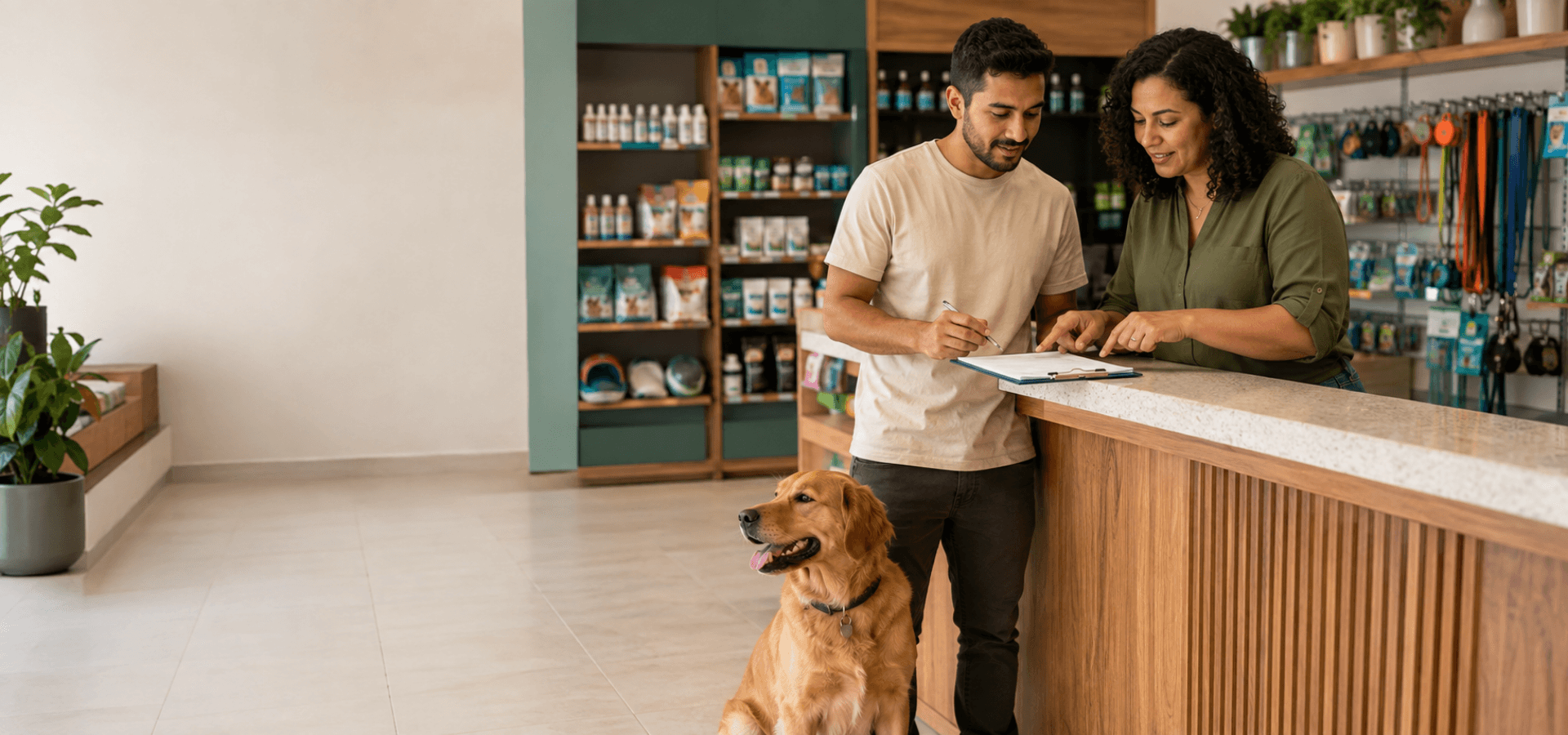 Gestora e novo colaborador revisam um checklist em um pet shop, com um cão ao lado.