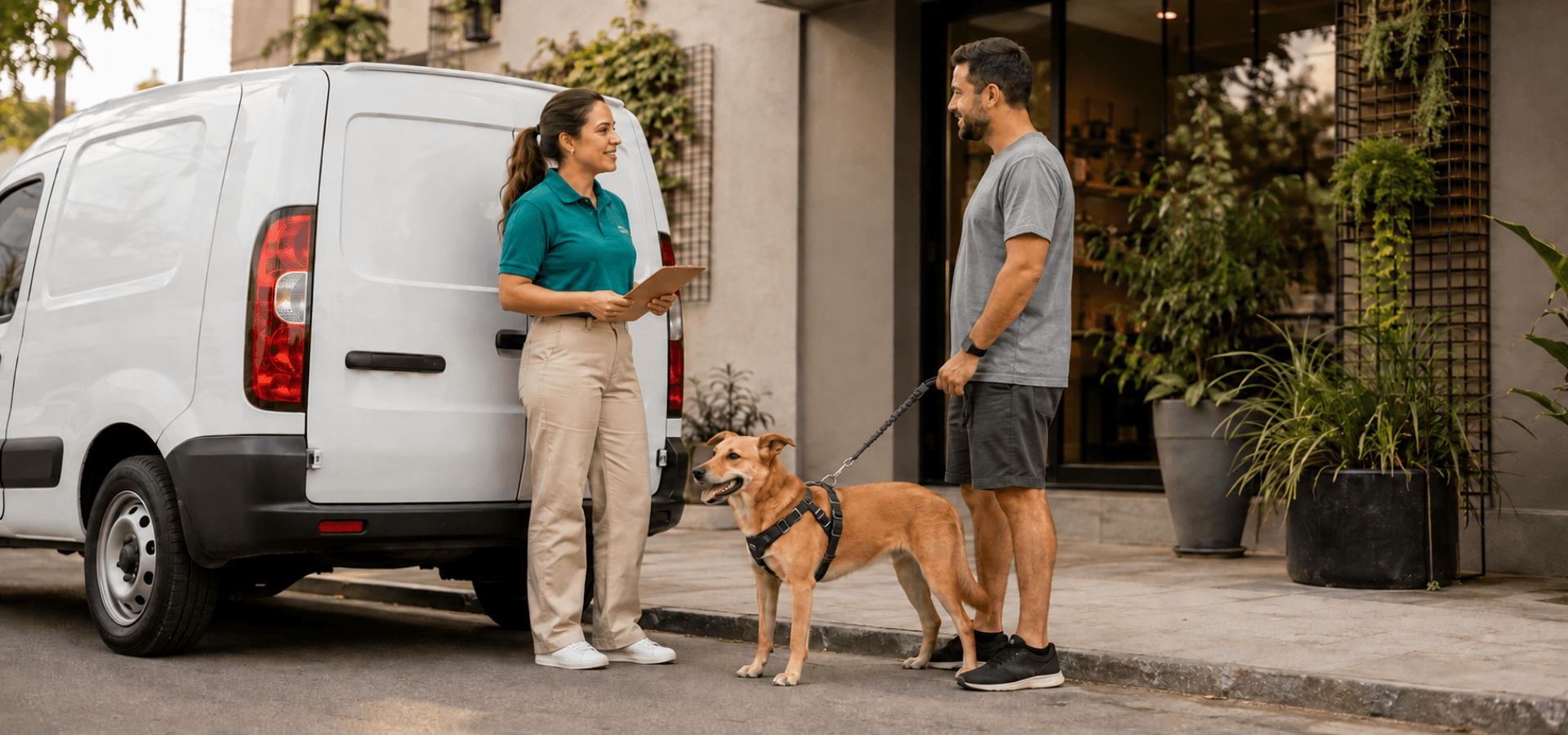 Profissional de transporte conversa com tutor e cão de peitoral ao lado de uma van na entrada do pet shop.