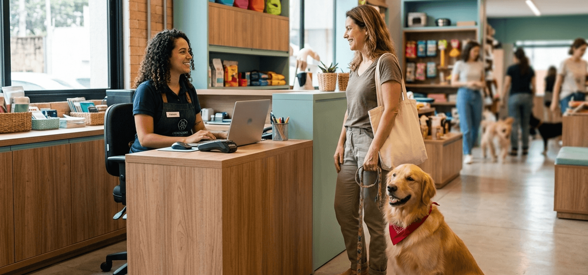 Atendimento acolhedor em recepção de pet shop com gestora, cliente e cão Golden Retriever calmo.