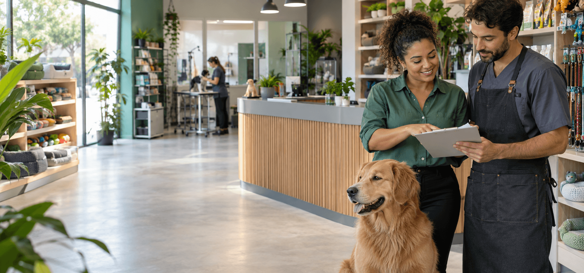 Gestora e profissional revisam prioridades do dia ao lado de um cão em pet shop organizado.