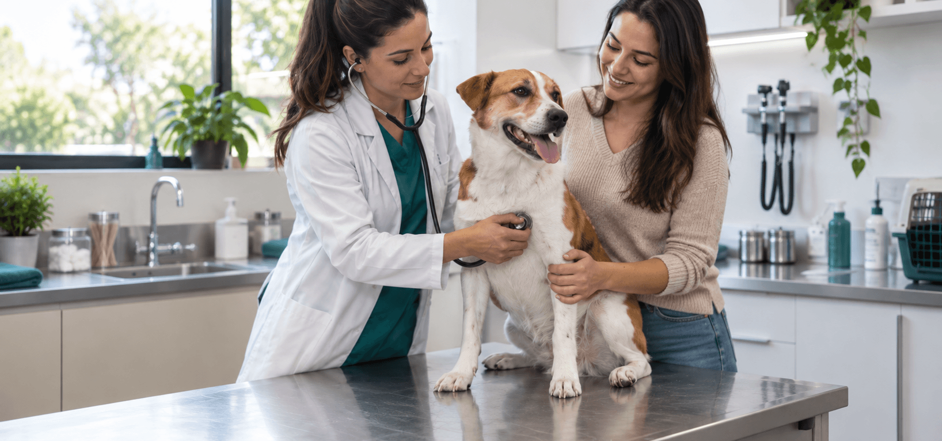 Médica-veterinária examina um cão sobre a mesa do consultório enquanto a tutora acompanha ao lado.