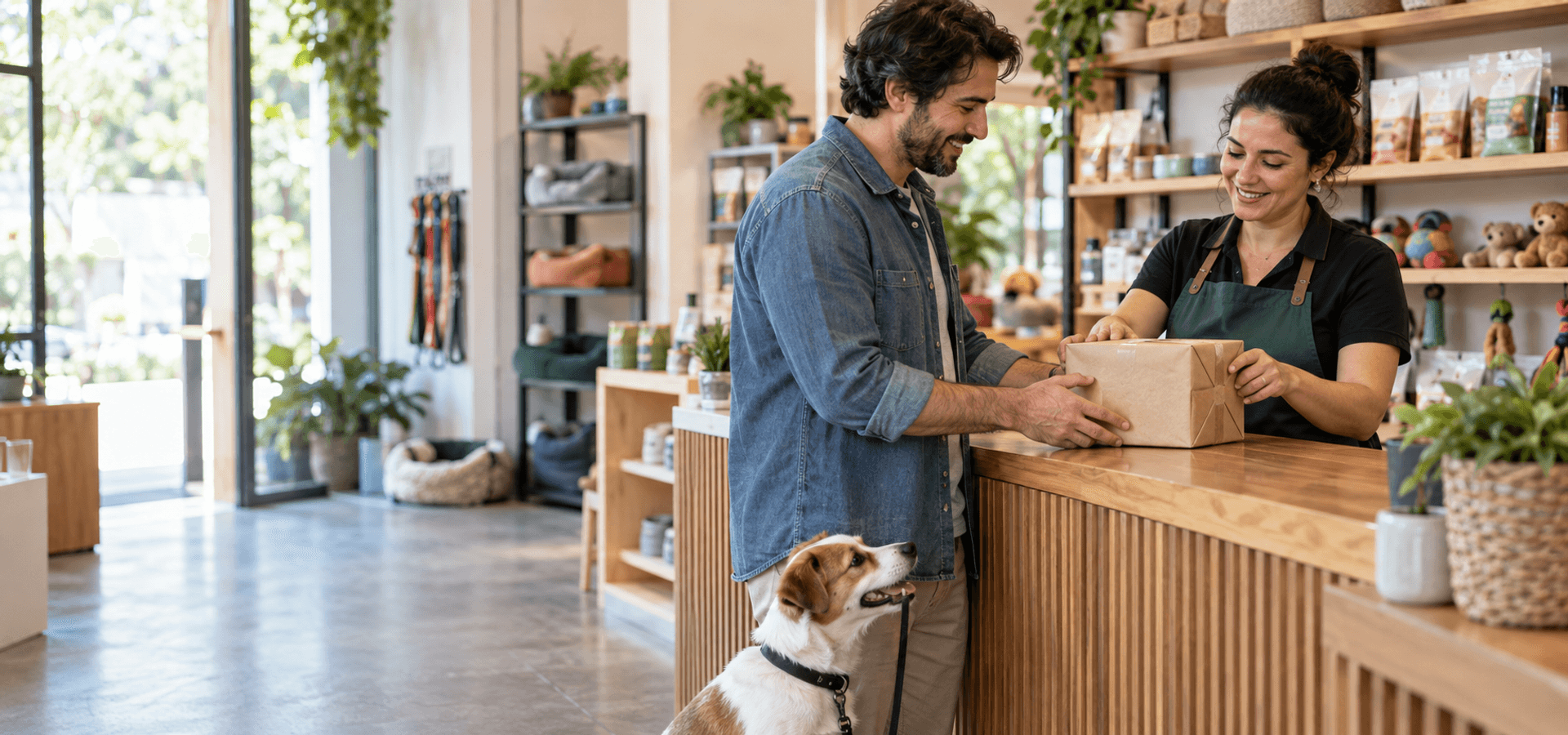 Atendente confere pedido de produtos pet com cliente no balcão da loja.