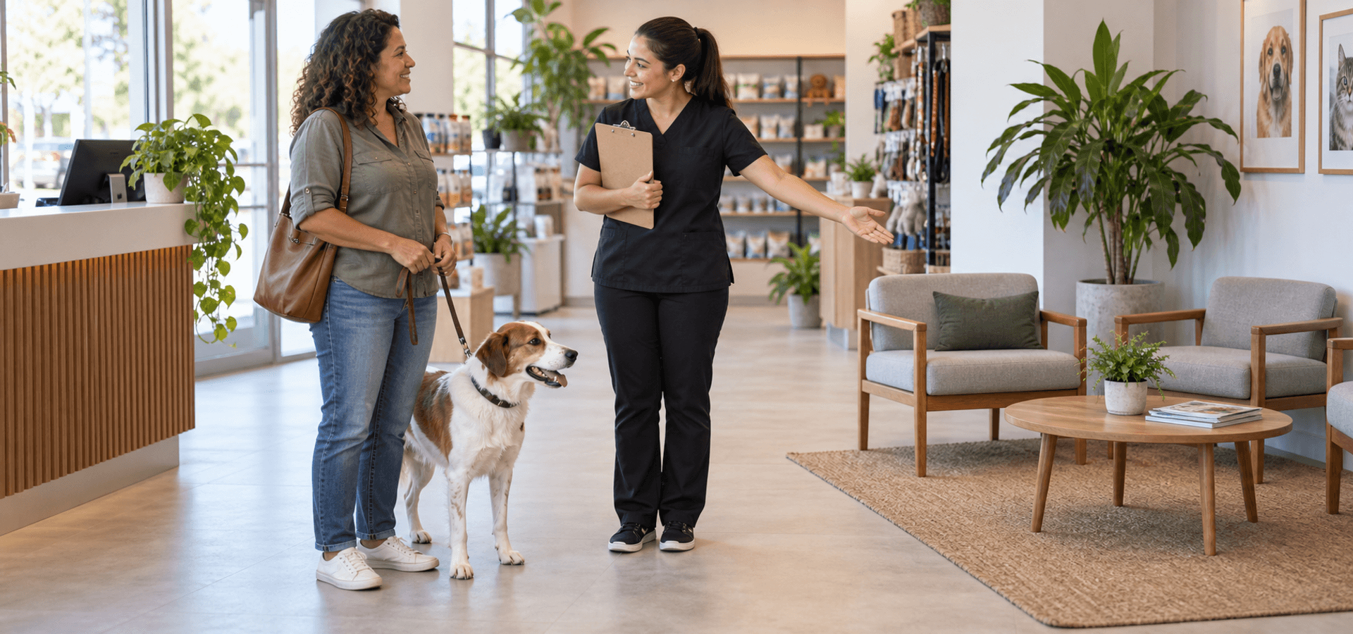 Profissional orienta tutora com cão em recepção de pet shop.
