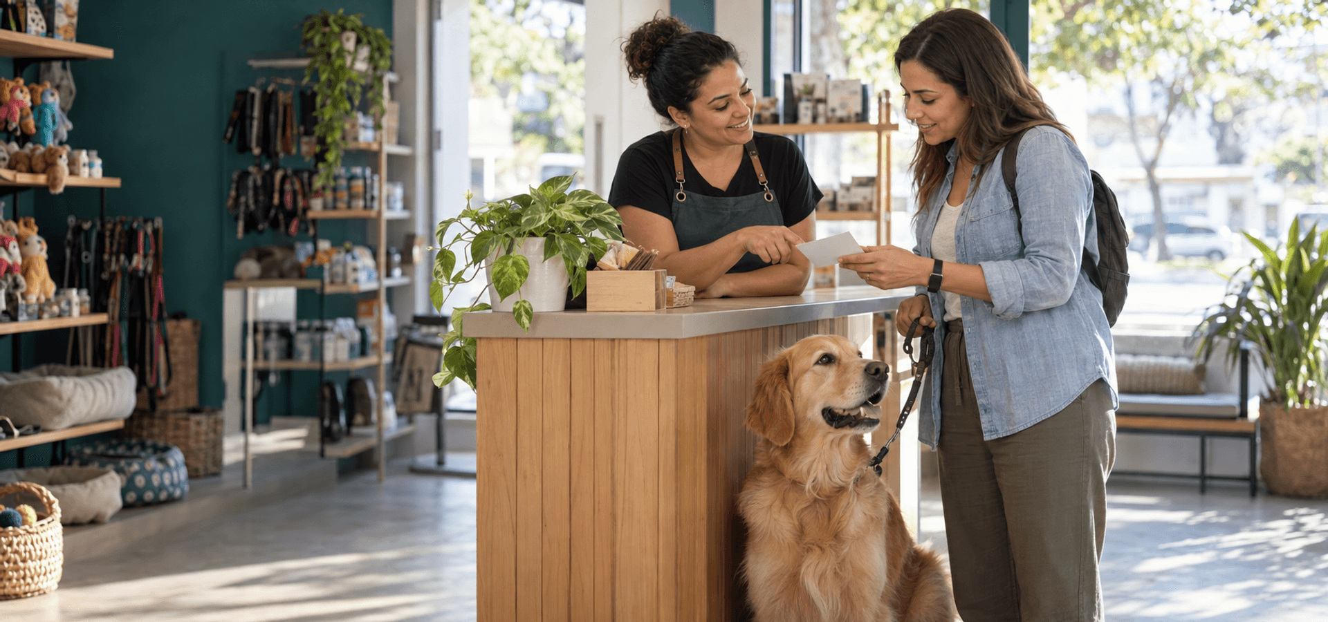 Profissional de pet shop conversa com parceira local no balcão enquanto uma tutora acompanha seu cão.