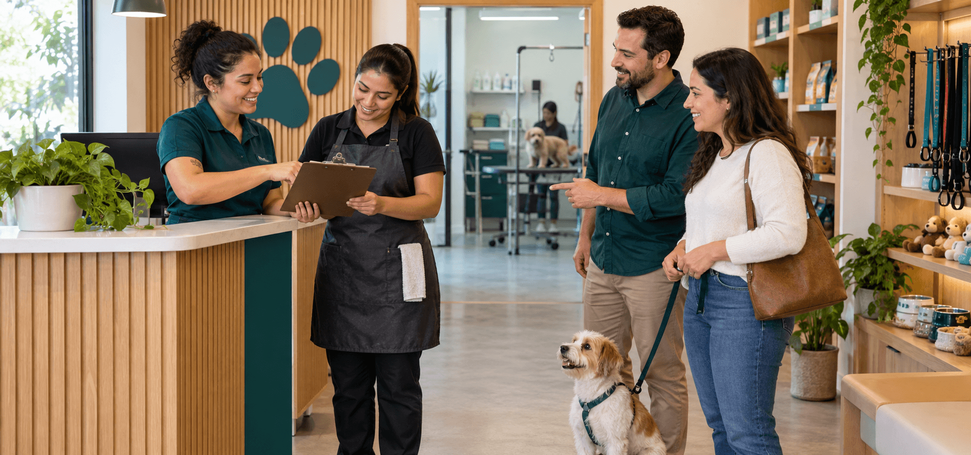 Equipe, tutora e cão confirmam informações de atendimento em pet shop organizado.