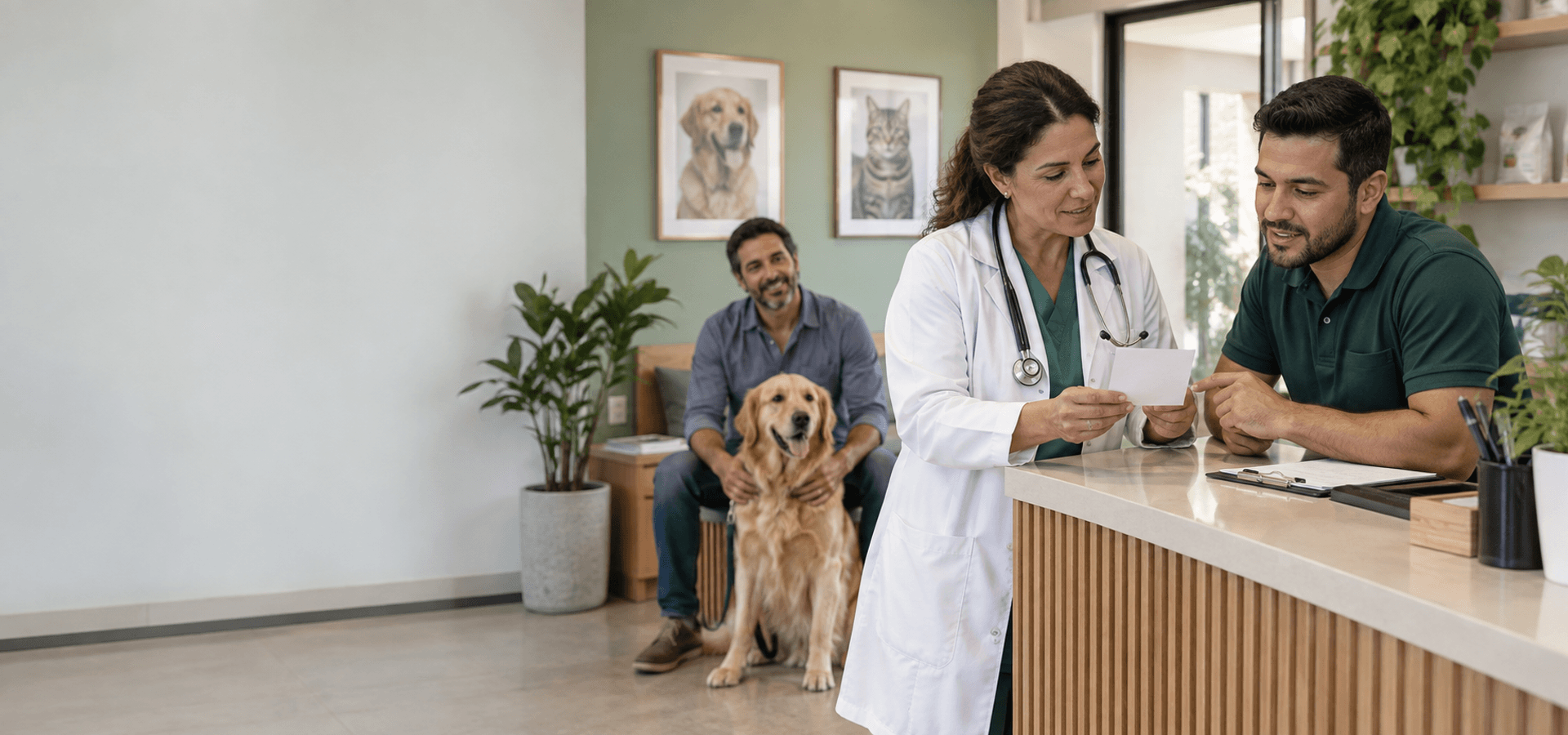 Veterinária e atendente revisam cartão de acompanhamento enquanto tutor permanece com cão na recepção.