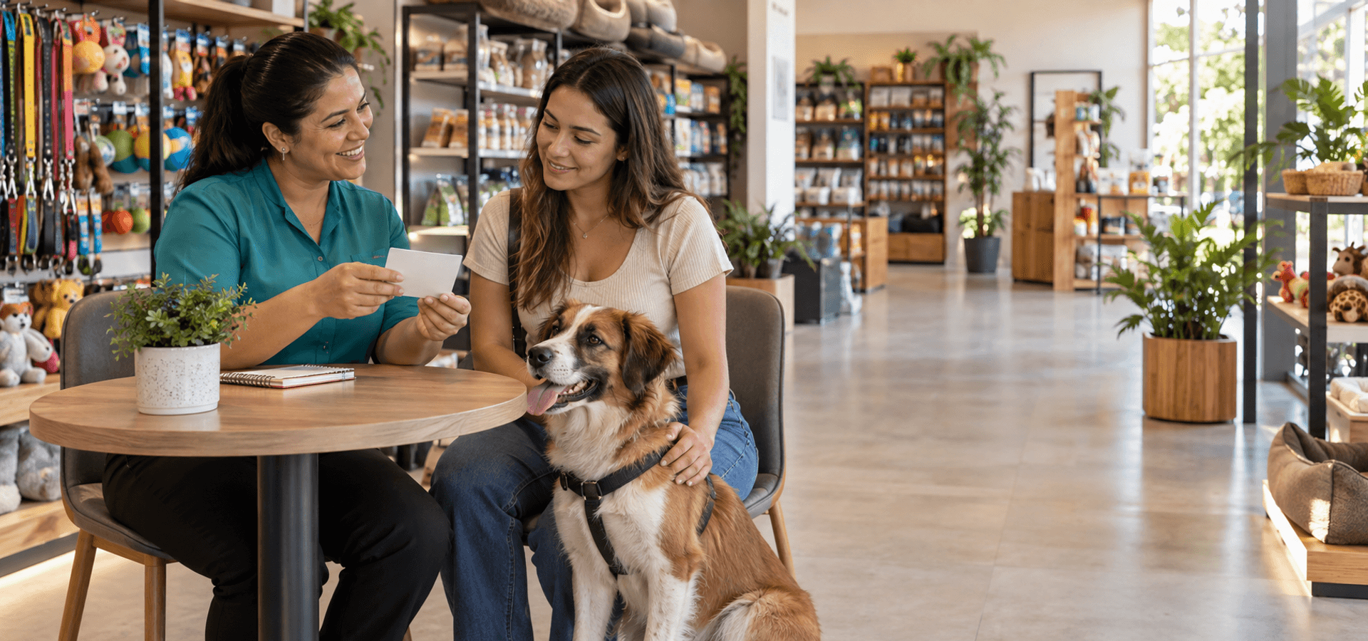 Gestora conversa com tutora e cão em uma recepção de pet shop organizada.